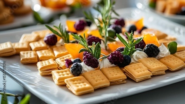 Fototapeta Exquisite and Vibrant Culinary Display of Square Cream Crackers Showcasing Gourmet Dessert Innovation with Healthy Ingredients and Quick Composition