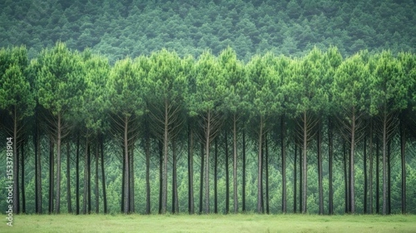 Fototapeta Striking View of a Perfectly Aligned Row of Slender Pine Trees Exhibiting Elegant Vertical Growth from Light Competition