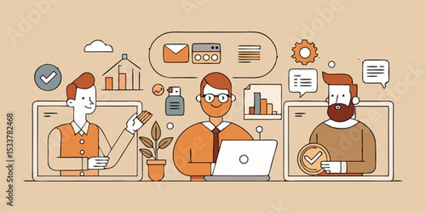 Fototapeta Team collaboration and business meeting illustrations on digital devices for communication