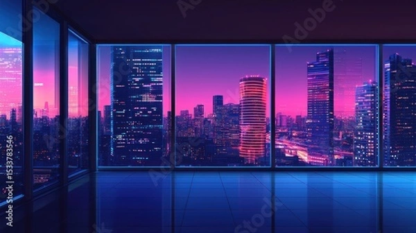 Obraz Neon Cityscape at Dusk, Breathtaking View from a Modern Penthouse
