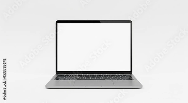 Fototapeta Sleek silver laptop with a blank white screen sits centered on a clean white background studio shot.
