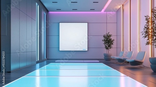 Obraz Futuristic Lounge with Neon Lighting and Blank Screen