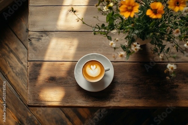 Fototapeta Heart Latte Art Coffee on Rustic Wooden Table with Warm Sunlight and Yellow Flowers in Cozy Café Setting.
