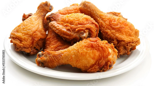 Fototapeta A plate of perfectly fried chicken pieces, their crispy exterior contrasted with the tender, juicy interior. Set against a rustic wooden background, Generative AI