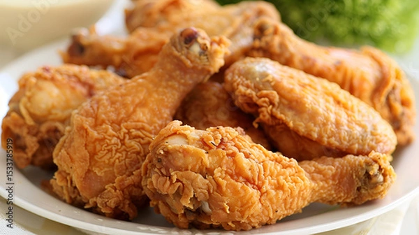 Fototapeta A plate of perfectly fried chicken pieces, their crispy exterior contrasted with the tender, juicy interior. Set against a rustic wooden background, Generative AI