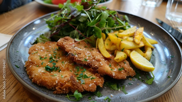 Fototapeta A beautifully presented plate of Wiener schnitzel with a crispy golden breadcrumb crust, served with lemon slices, isolated on a transparent background, Generative AI