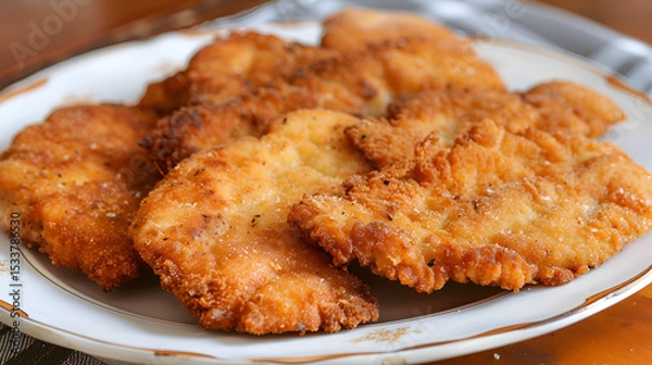 Fototapeta A beautifully presented plate of Wiener schnitzel with a crispy golden breadcrumb crust, served with lemon slices, isolated on a transparent background, Generative AI