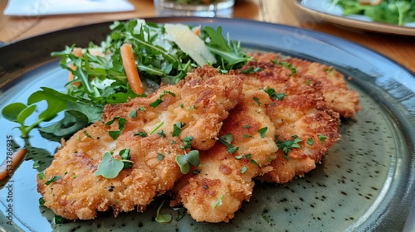 Fototapeta A beautifully presented plate of Wiener schnitzel with a crispy golden breadcrumb crust, served with lemon slices, isolated on a transparent background, Generative AI