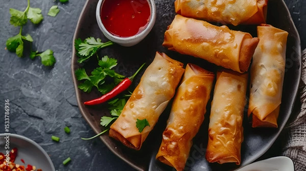 Fototapeta Golden fried spring rolls with crispy outer shell vegetable filling delicious appetizer snack food isolated on white background, Generative AI