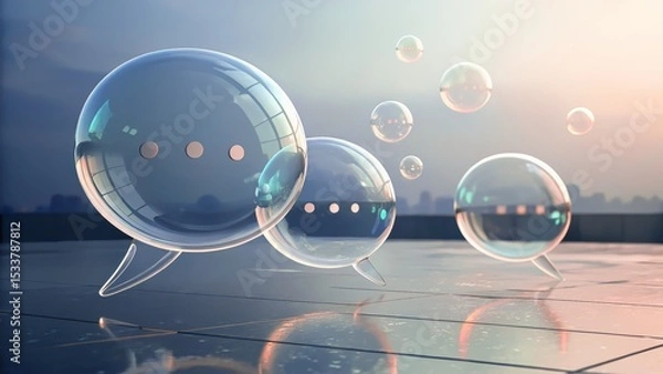 Fototapeta Creative communication bubbles in modern cityscape digital art inspirational atmosphere