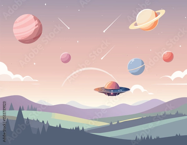 Fototapeta A cosmic landscape with stars, planets and a starship