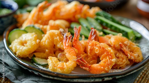 Fototapeta Japanese cuisine, vegetable tempura on a white plate. Freshly fried asparagus and green beans tempura vegetable tempura on a white plate Freshly fried asparagus and green beans, Generative AI