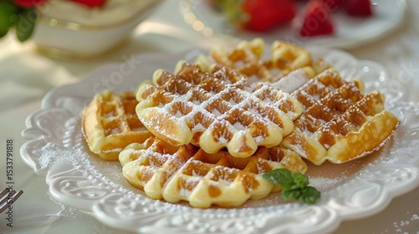 Fototapeta Fresh belgian waffles on rustic wooden table with coffee mugs in cozy kitchen setting Close-up of a crispy American waffle with honey, Generative AI