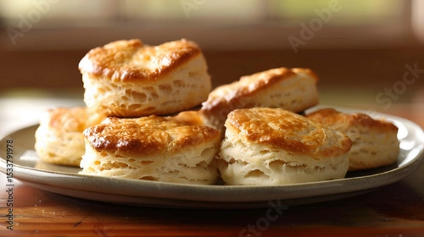 Fototapeta Golden brown buttermilk biscuits stacked against a crisp white backdrop scene Homemade scones and clotted cream, Generative AI