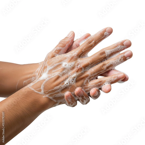 Fototapeta Soapy hands being thoroughly washed, isolated on transparent background