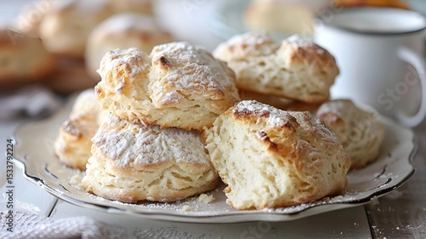 Fototapeta Golden brown buttermilk biscuits stacked against a crisp white backdrop scene Homemade scones and clotted cream, Generative AI