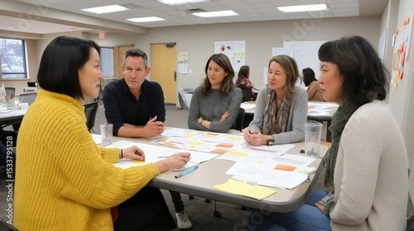 Fototapeta Team members from various departments participate in a conflict resolution session focused on improving collaboration skills and fostering a positive work environment
