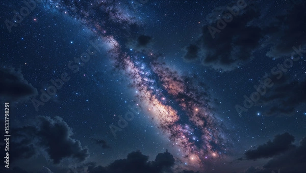 Obraz Stunning night sky view of the milky way galaxy with dramatic clouds and stars