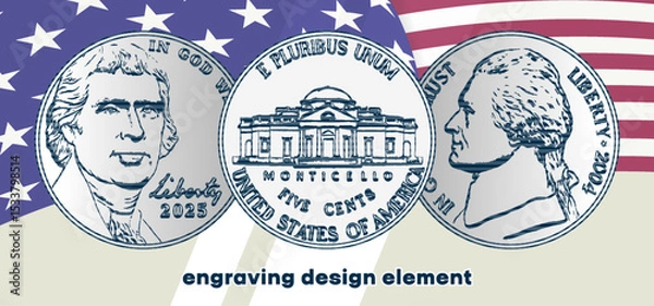 Fototapeta Vector engraving, collection design elements. Set US 5 cents. Obverse and reverse of change coin of United States of America. American money. Five. Sample. Numismatics