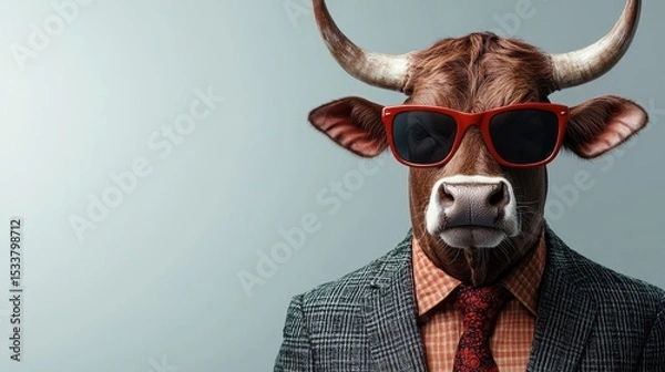 Fototapeta A humorous bull in a suit and sunglasses, blending style with nature.