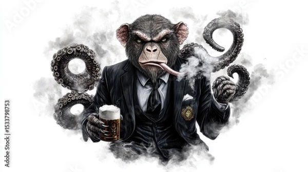 Fototapeta A humorous illustration of a monkey in a suit enjoying a drink and smoking.