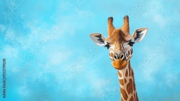 Obraz A majestic giraffe with a stunning blue background, showcasing its unique features.
