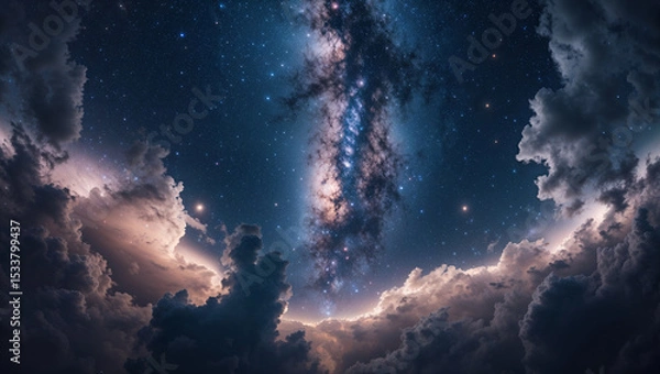 Obraz Stunning night sky with milky way galaxy above dramatic cumulus clouds at sunset