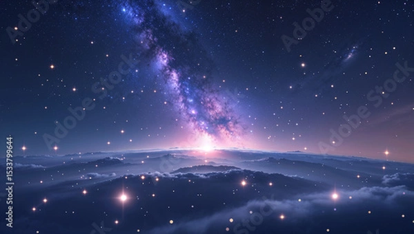 Obraz Stunning night sky with milky way galaxy above illuminated clouds at sunset or sunrise