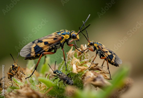 Fototapeta Engaging Macro: Sawfly Colony Interaction on Green Plant with Diverse Insects - detailed