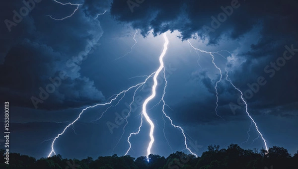 Obraz Stunning spectacular view of lightning strikes illuminating a dark and stormy sky above trees