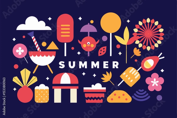 Fototapeta Bright and playful summer graphic design with colorful elements and a navy blue background