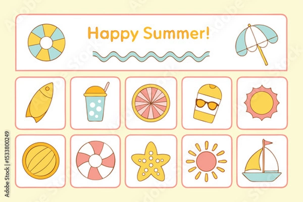 Fototapeta Cheerful happy summer season icon set with beach and vacation related elements