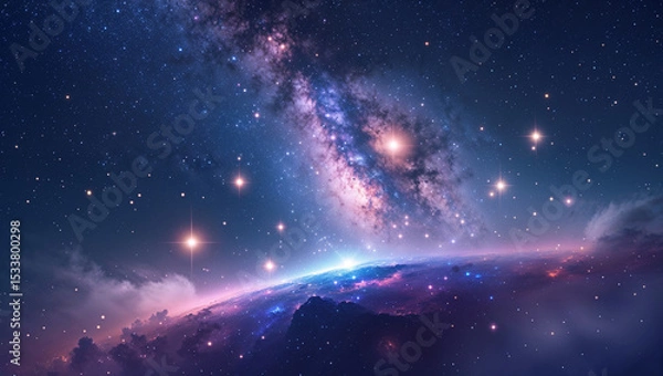 Obraz Stunning view of a cosmic galaxy illuminated by stars and nebulas above a planet
