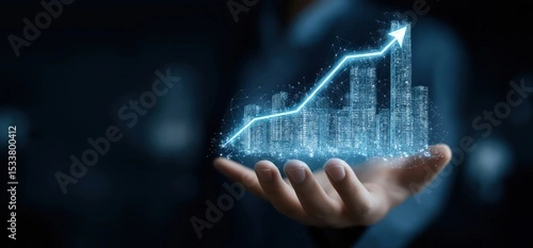 Fototapeta A hand holds a glowing cityscape with an upward-trending graph, symbolizing growth, success, and future potential.