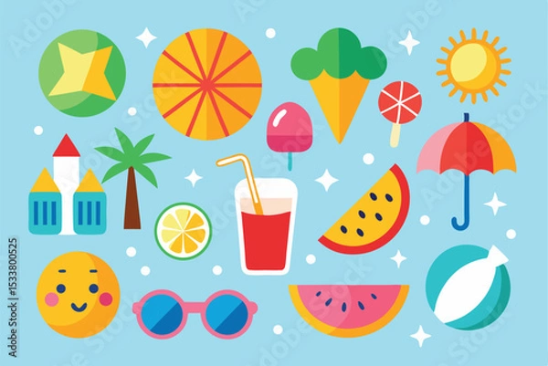 Fototapeta Colorful summer elements illustration featuring sunglasses beach ball watermelon and palm trees