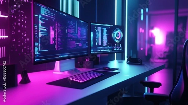 Fototapeta Neon-lit programmer's workspace with dual monitors displaying code and data visualizations.