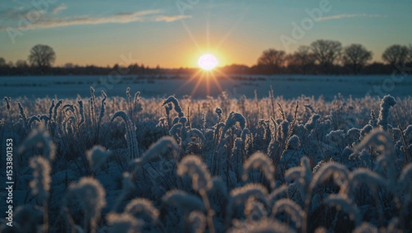 Obraz Sunrise over a winter frost covered field with frozen grass and sun flare
