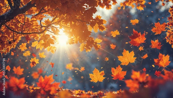 Obraz Vibrant autumn scene sunlight through orange and yellow falling maple leaves