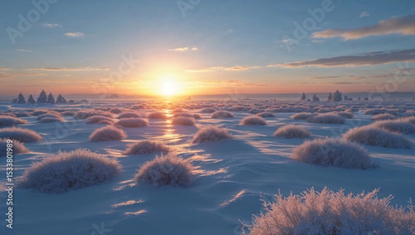 Obraz Winter landscape featuring snowy bushes and a sunrise with soft pastel colors
