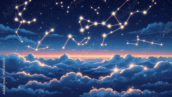 Obraz A beautiful night sky depicting constellations above a sea of fluffy clouds at sunset