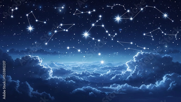 Obraz A beautiful night sky depicting constellations with fluffy clouds above in deep blue