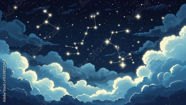 Obraz A beautiful night sky featuring constellations and fluffy clouds with shimmering stars above