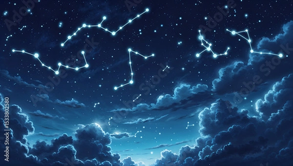 Obraz A beautiful night sky illustrating glowing constellations amongst fluffy clouds and stars