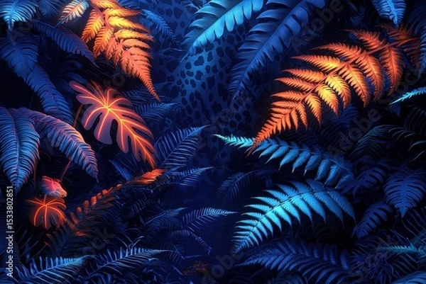 Fototapeta Vibrant neon jungle with lush foliage and dynamic contrast in blue and orange