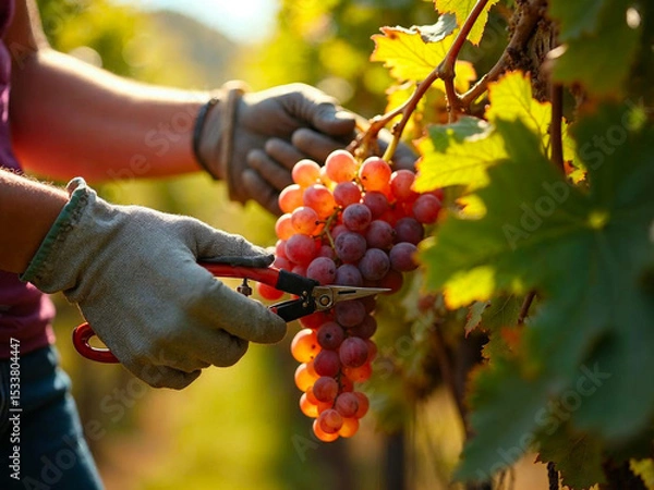 Fototapeta Close-up of gloved hands harvesting grapes in vineyard at sunset