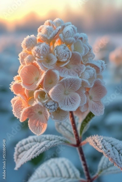 Obraz Frosty Hydrangea Blossoms Illuminated by the Soft Winter Lights Glimmering Glow