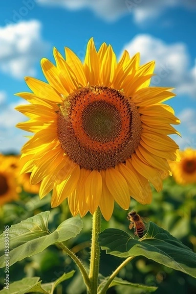 Obraz The Beautiful Sunflower is Blooming Vibrantly Under the Bright Blue Sky, Together with a Busy Bee