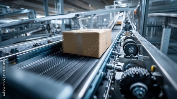Fototapeta A cardboard box moves along a conveyor belt in a modern warehouse. The setting is industrial, with machinery and equipment visible in the background.