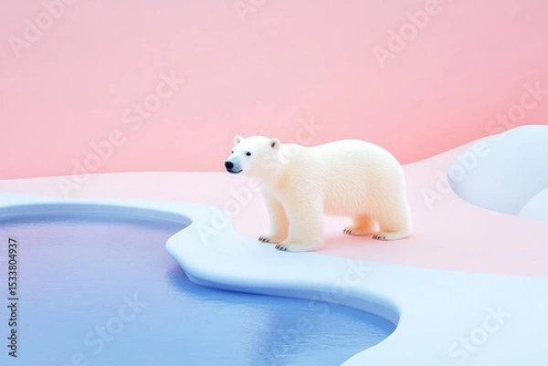 Fototapeta A polar bear stands on a snowy landscape near a blue pool of water. 
