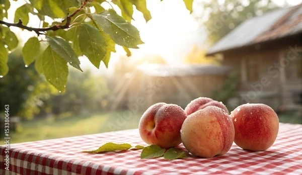 Fototapeta Fresh Peaches on a Red Gingham Tablecloth in a Sunny Garden with a Rustic Cabin Backdrop Summer Still Life